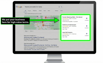 Google local map pack results retaining wall contractor search